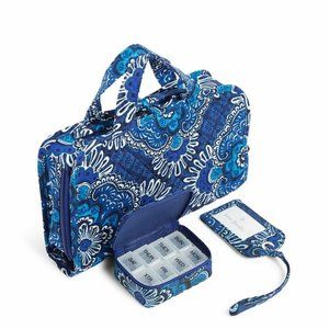 Vera Bradley Travel Bundle Blue Tapestry Set Cosmetic Bag Tag Pill Case NEW